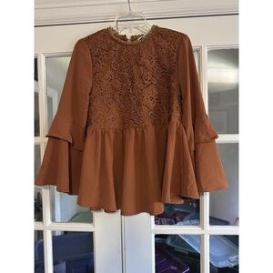 JODIFL Elegant Brown and Orange Bell Sleeve Peplum Blouse